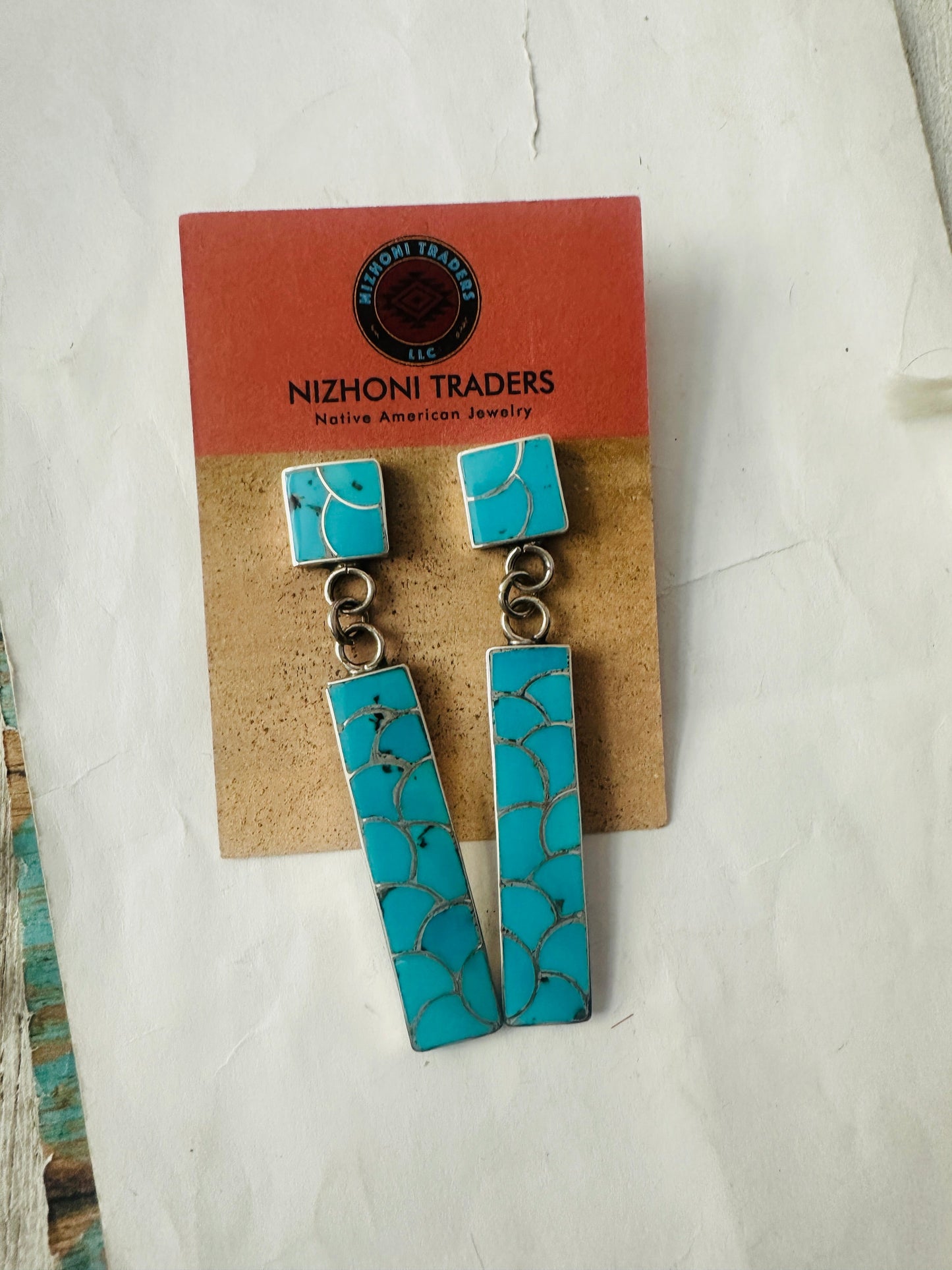 Zuni Sterling Silver & Turquoise Inlay Dangle Earrings