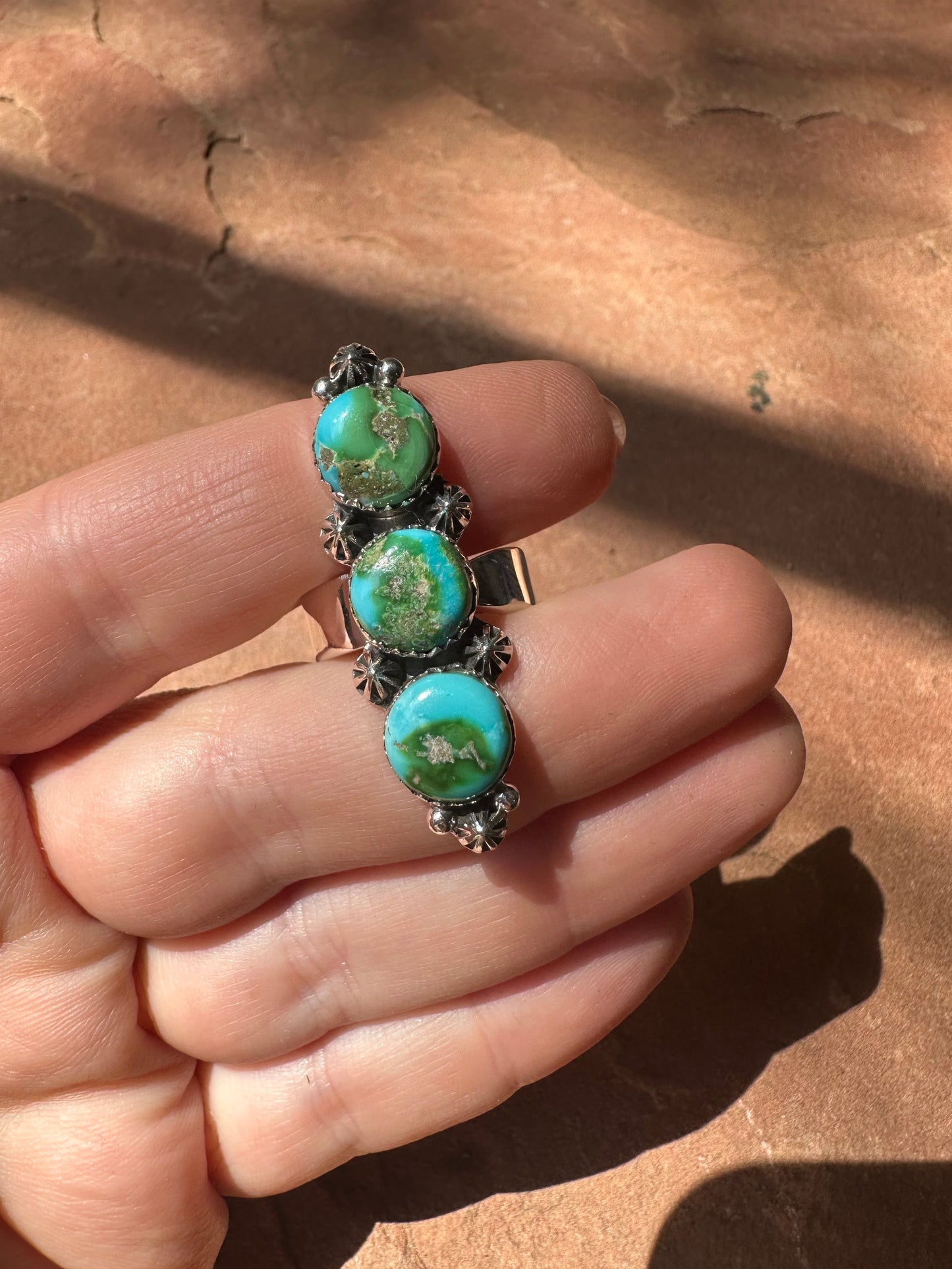 Beautiful Handmade Sonoran Mountain Turquoise And Sterling Silver Adjustable 3 Stone Ring