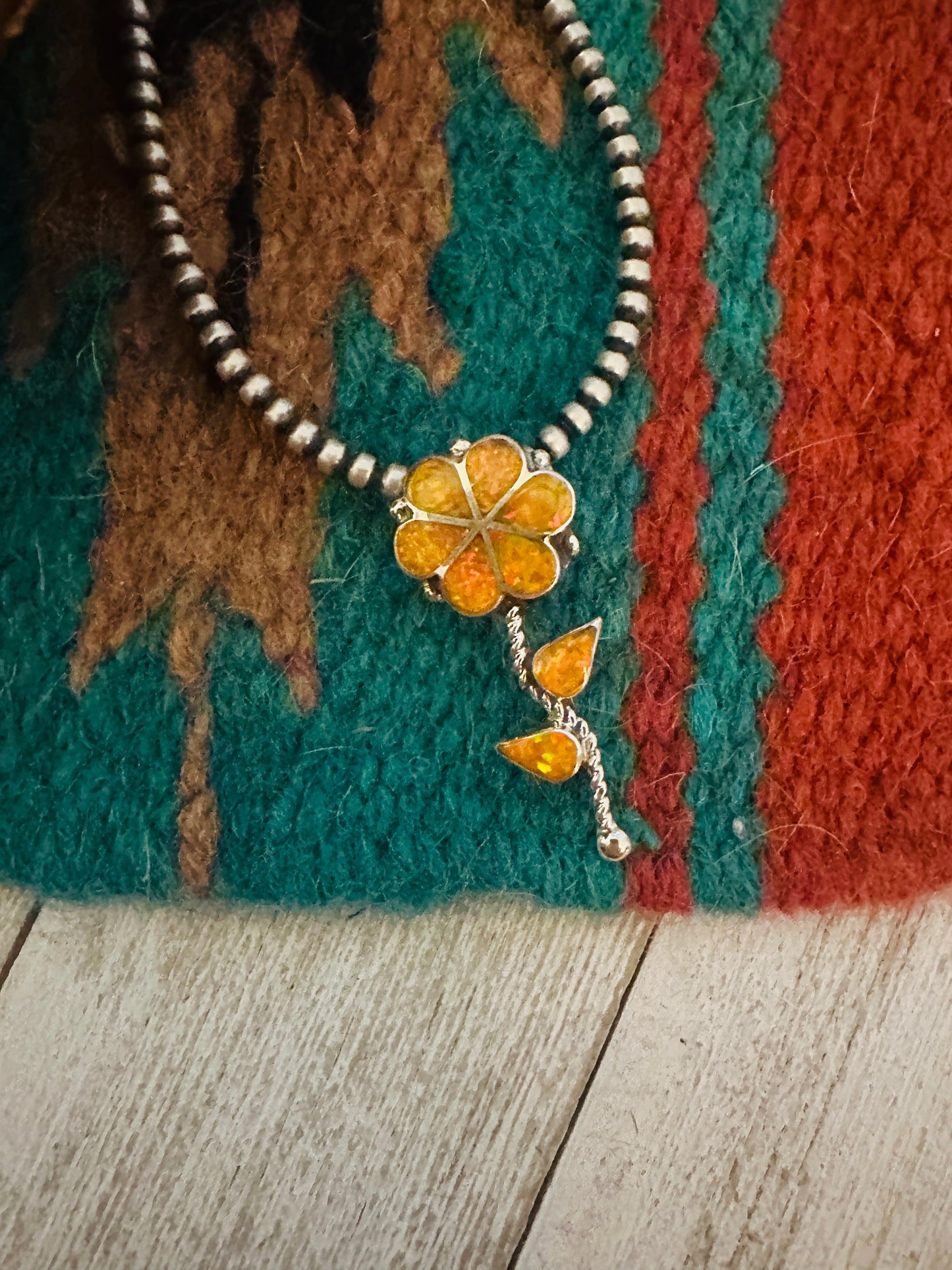 Zuni Yellow Opal & Sterling Silver Inlay Flower Pendant