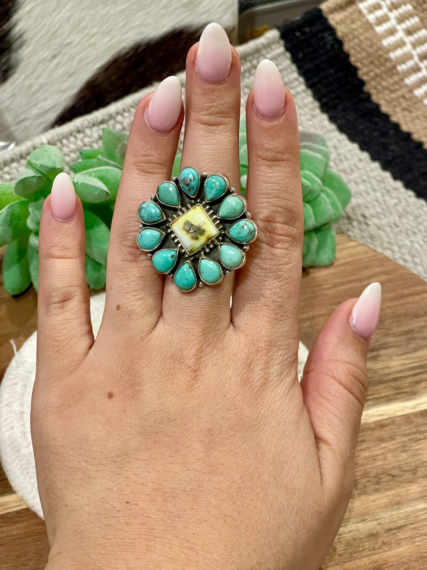 Beautiful Handmade Palomino Variscite, Turquoise And Sterling Silver Adjustable Ring