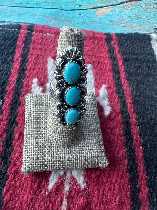 3 Stone Beautiful Handmade Turquoise And Sterling Silver Adjustable Ring