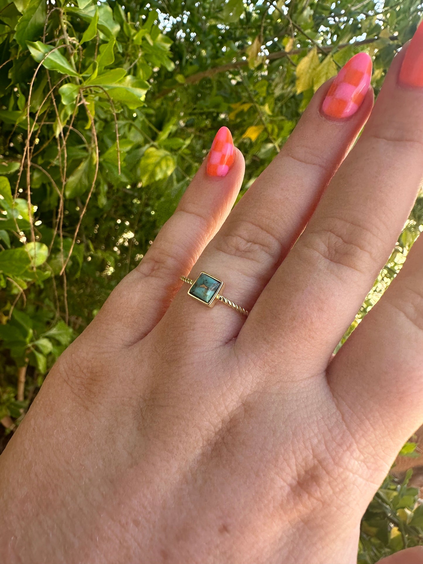 “The Golden Collection” Olive Square Handmade Natural Turquoise 14k Gold Plated Sterling Slver Adjustable Ring