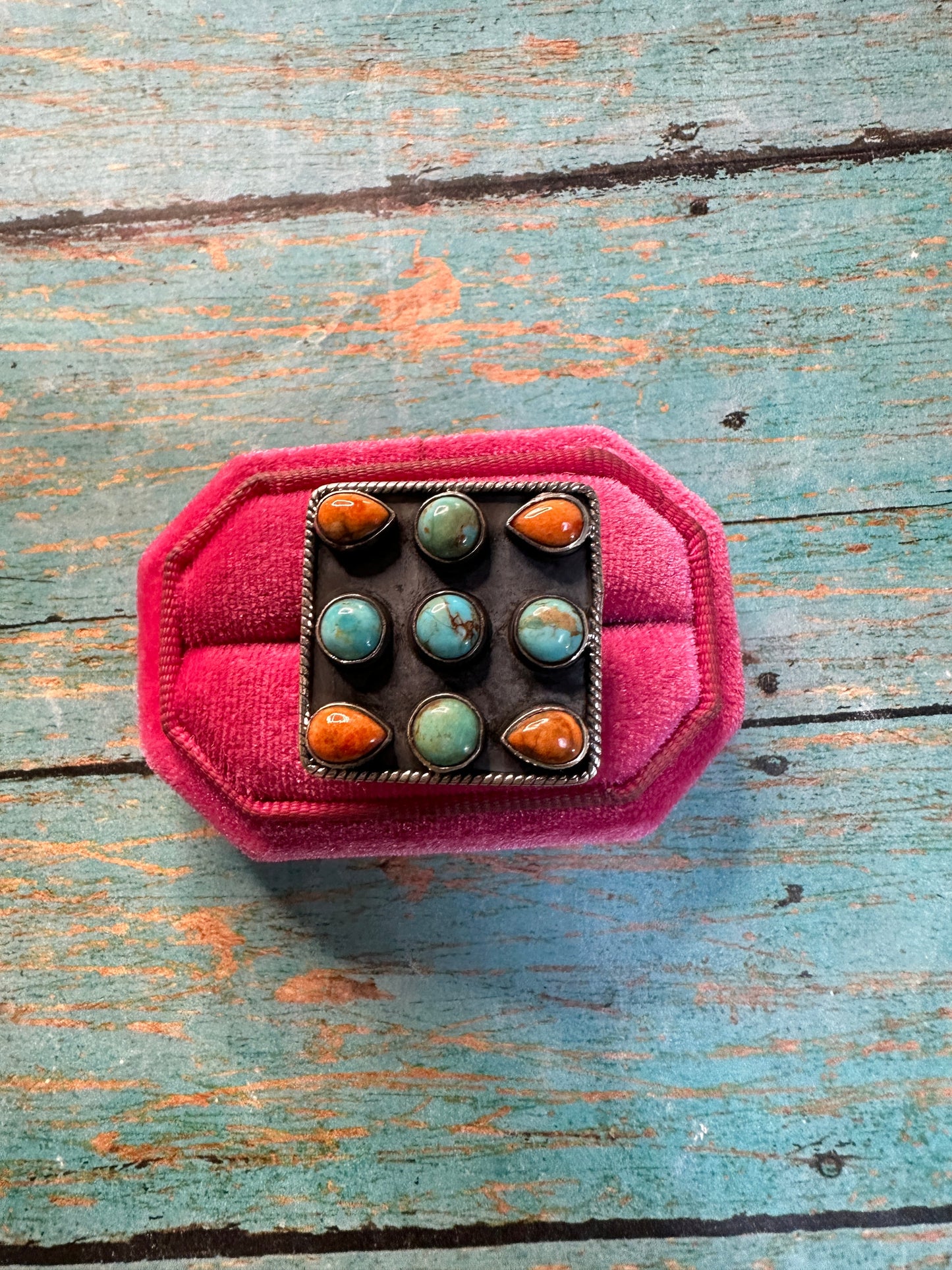 Beautiful Handmade Orange Mojave, Turquoise And Sterling Silver Adjustable Ring