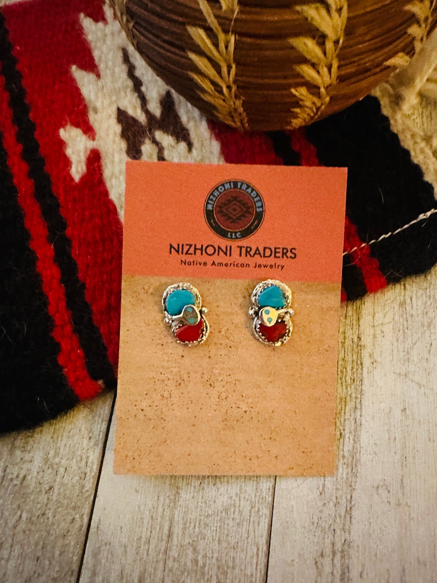 Zuni Sterling Silver, Turquoise & Coral Post Earrings by Effie Calavaza