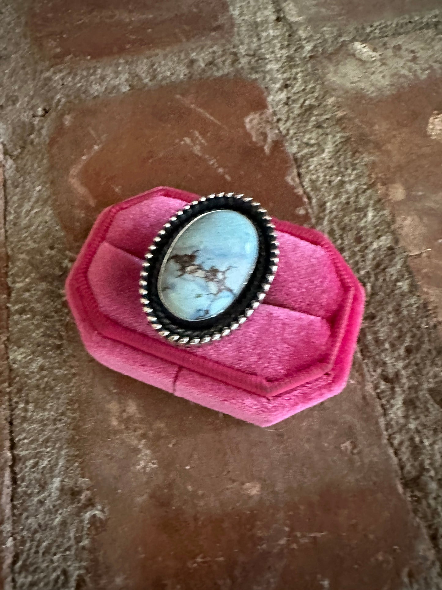 Beautiful Navajo Sterling Silver & Single Stone Golden Hills Turquoise Adjustable Ring Signed