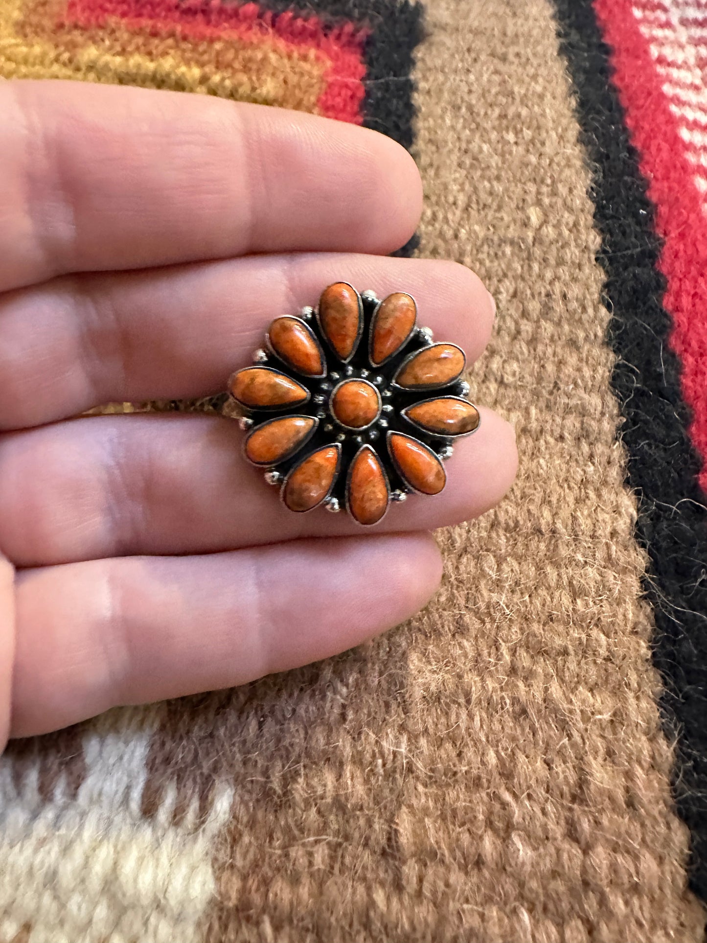 Beautiful Handmade Orange Mojave And Sterling Silver Adjustable Cluster Flower Ring