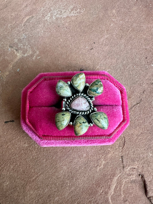 Beautiful Handmade Rhodointe, Rainforest Rhyolite And Sterling Silver Adjustable Cluster Ring