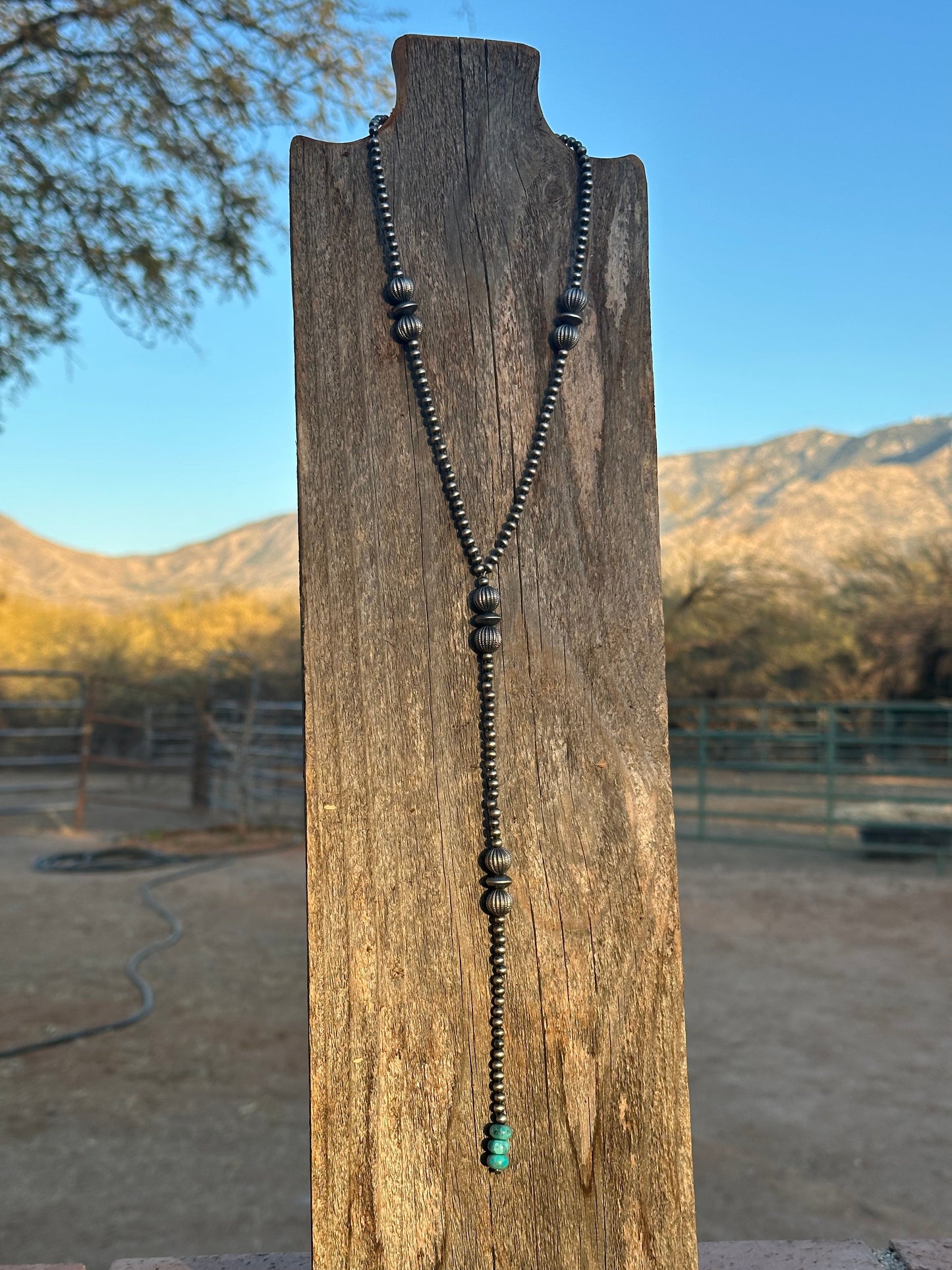 “The Ranch” Handmade Sterling Silver and Turquoise Beaded Drop Lariat Necklace