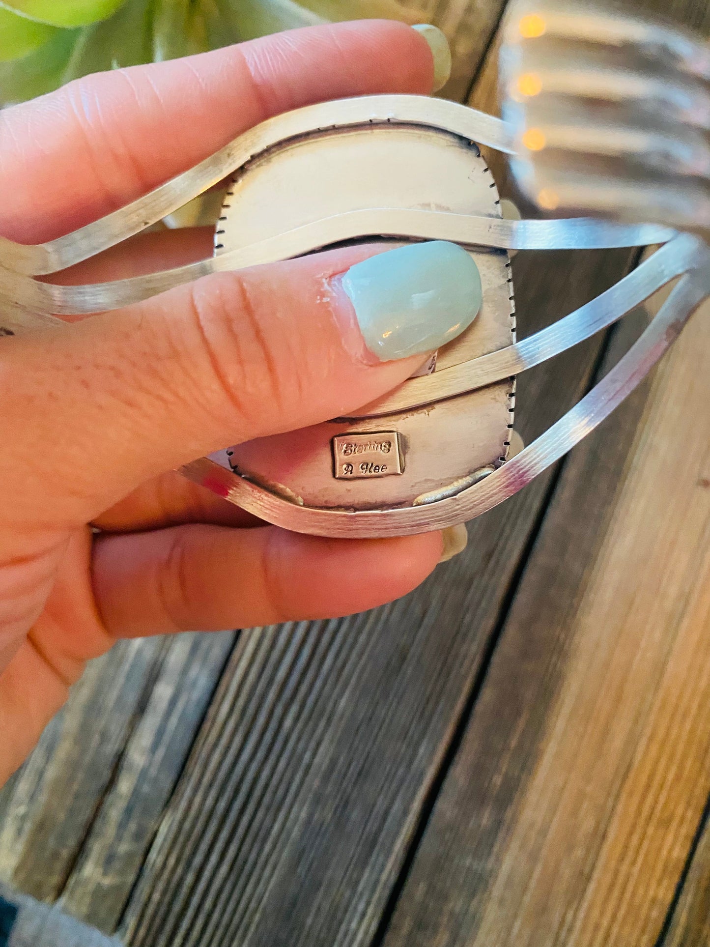 Beautiful Navajo White Buffalo & Sterling Silver Cuff Bracelet Signed