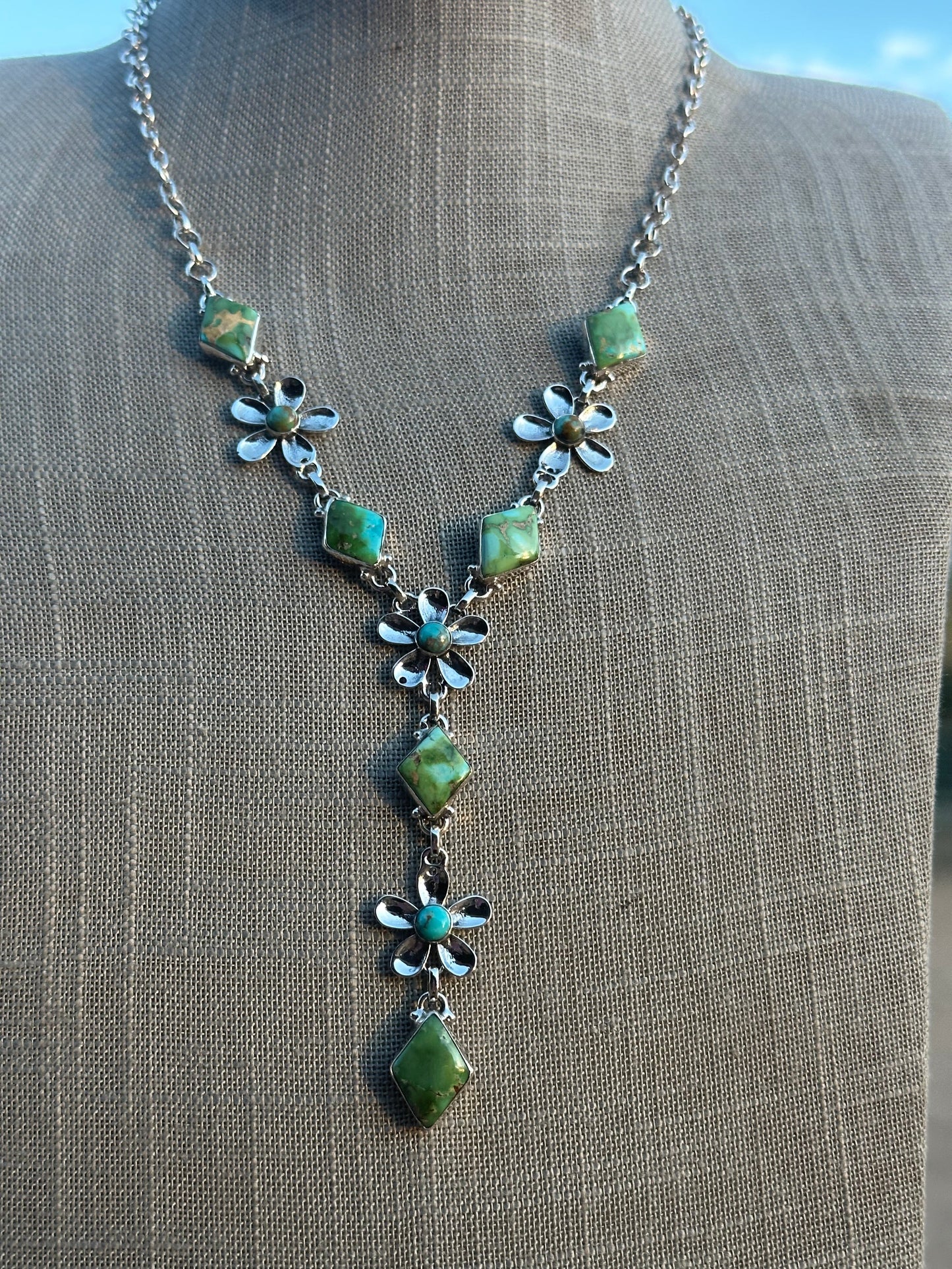 Beautiful Handmade Sterling Silver & Sonoran  Turquoise Daisy Lariat Necklace