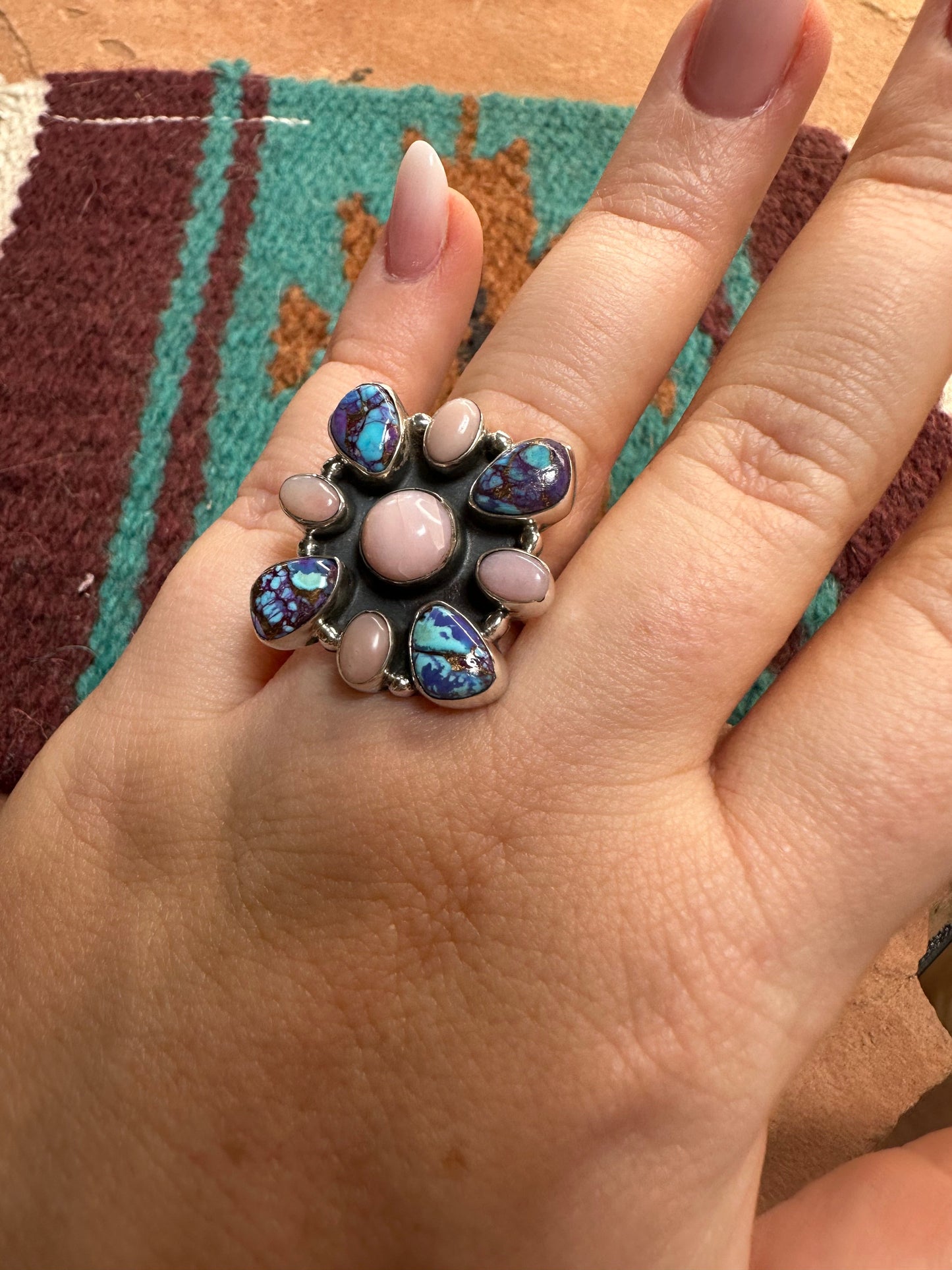 Beautiful Handmade Pink Conch, Purple Dream Mojave And Sterling Silver Adjustable Ring