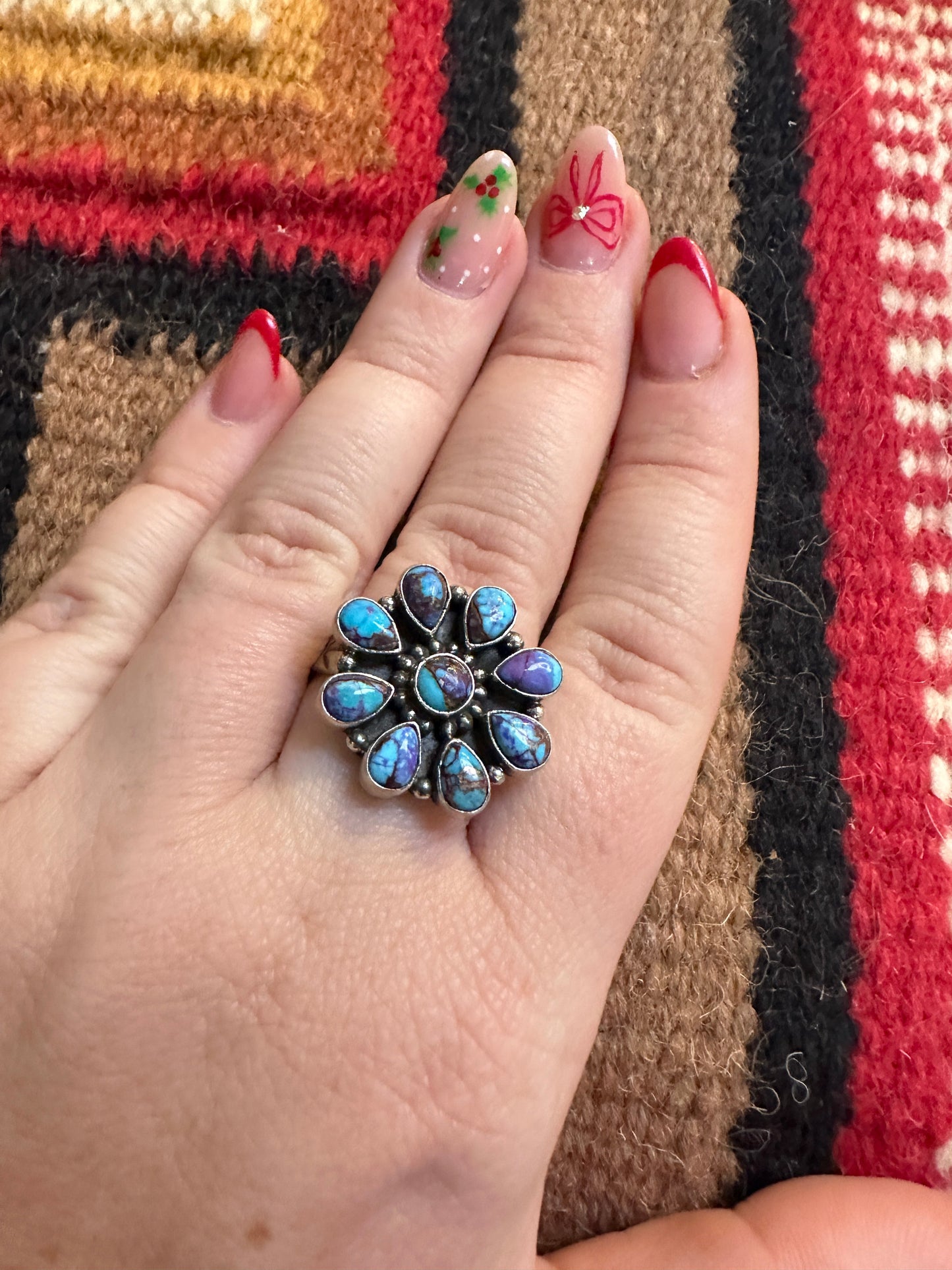 Beautiful Handmade Purple Mojave And Sterling Silver Adjustable Cluster Flower Ring