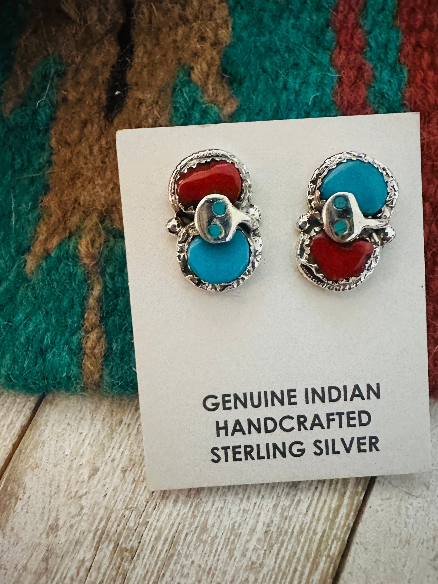 Zuni Sterling Silver, Turquoise & Coral Post Earrings by Effie Calavaza