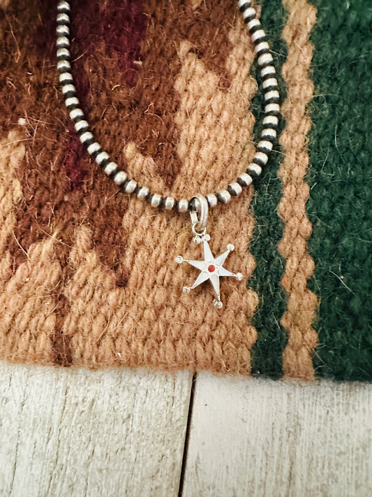 Zuni Sterling Silver, Mother of Pearl & Coral Mini Star Pendant Signed