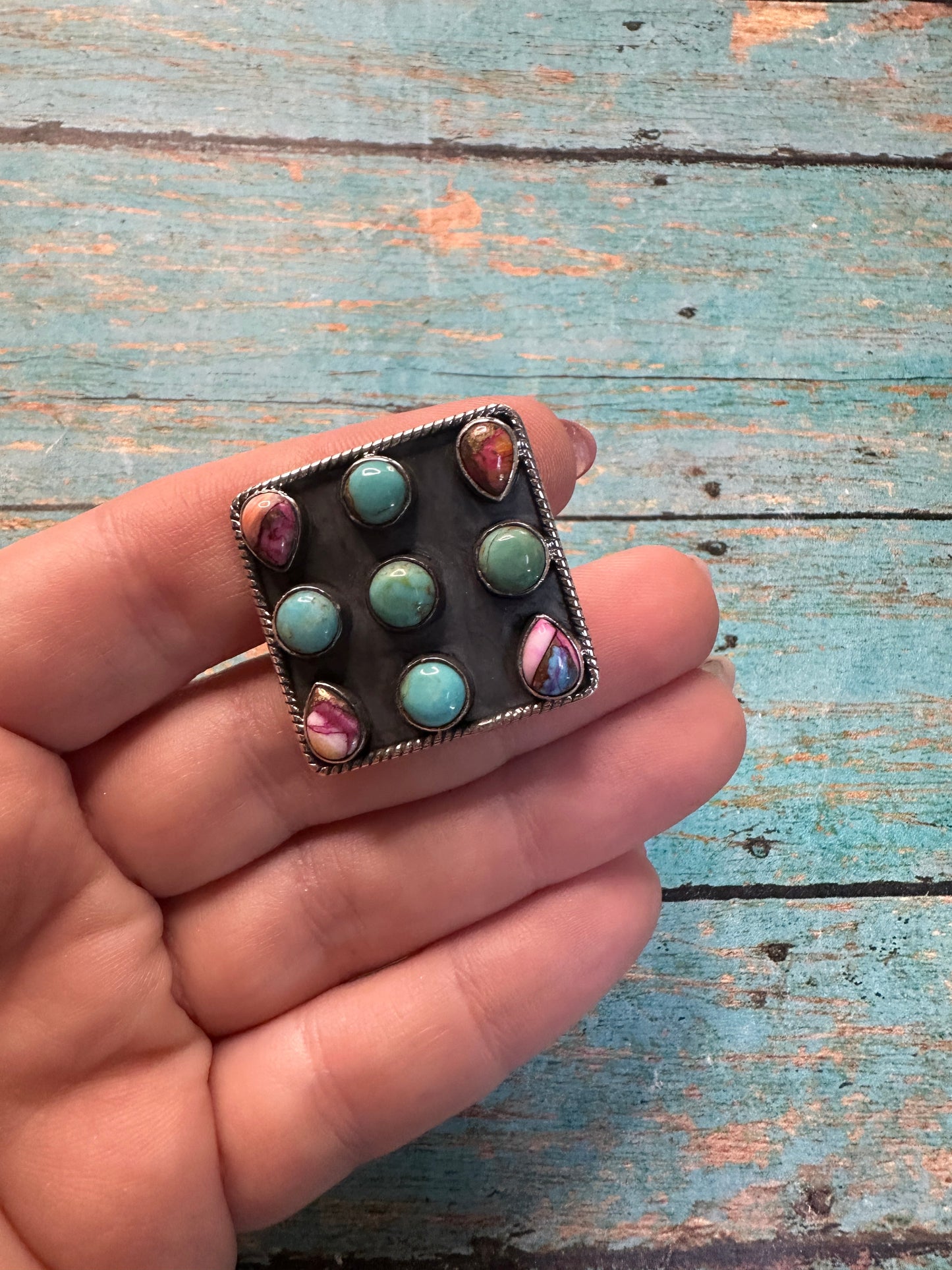 Beautiful Handmade Pink Dream Mojave, Turquoise And Sterling Silver Adjustable Ring