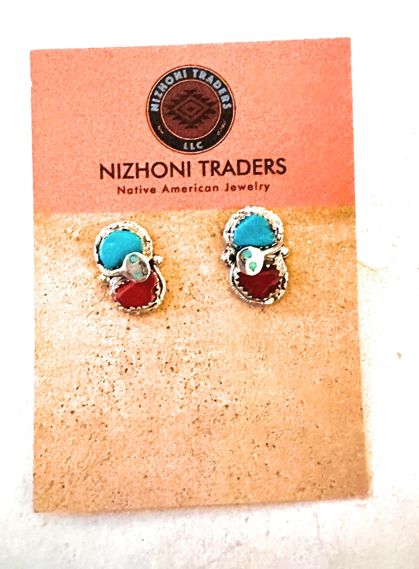 Zuni Sterling Silver, Turquoise & Coral Post Earrings by Effie Calavaza