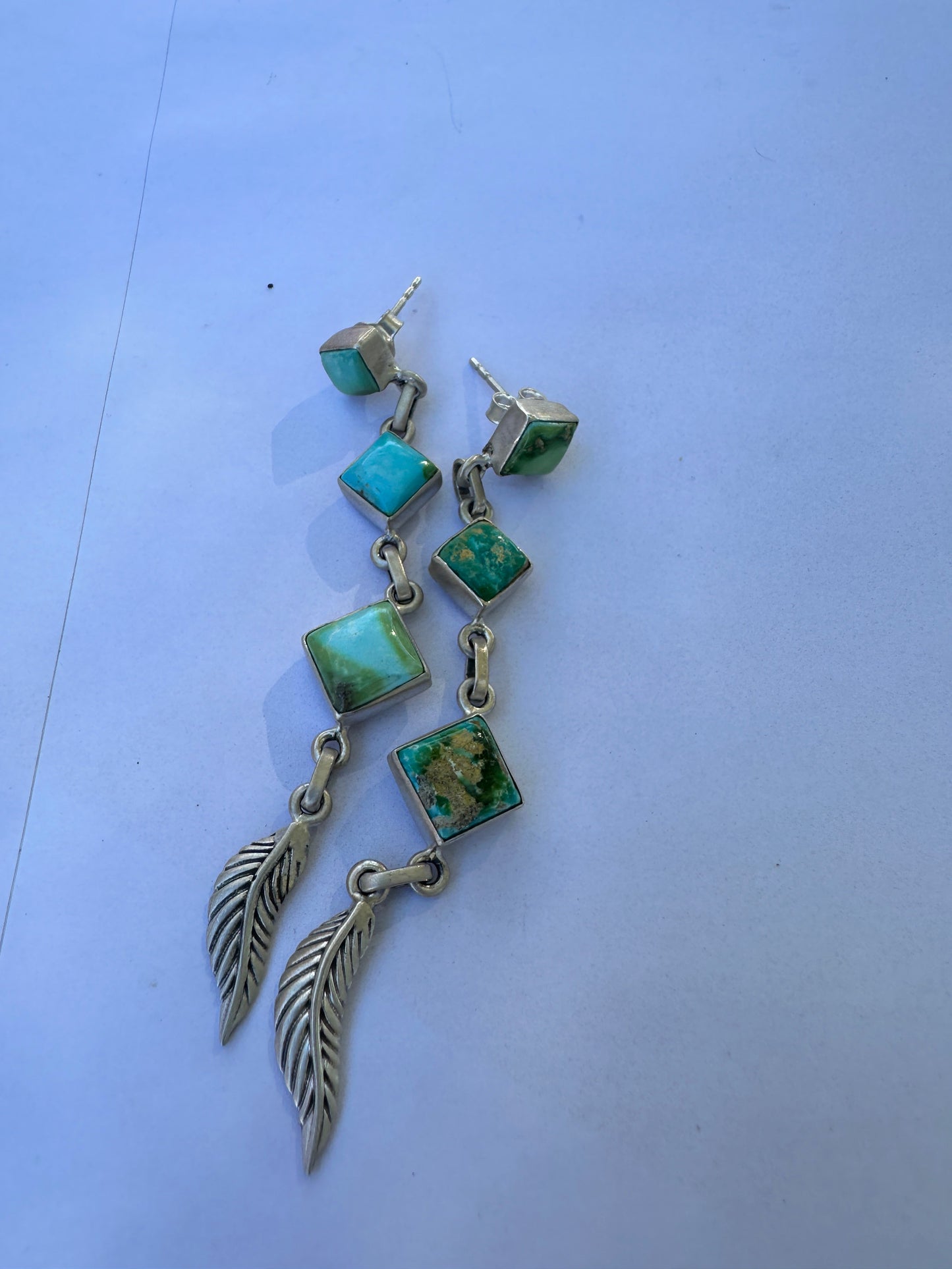 Handmade 3 Stone Sonoran Mountain Turquoise and Sterling Silver Feather Dangles