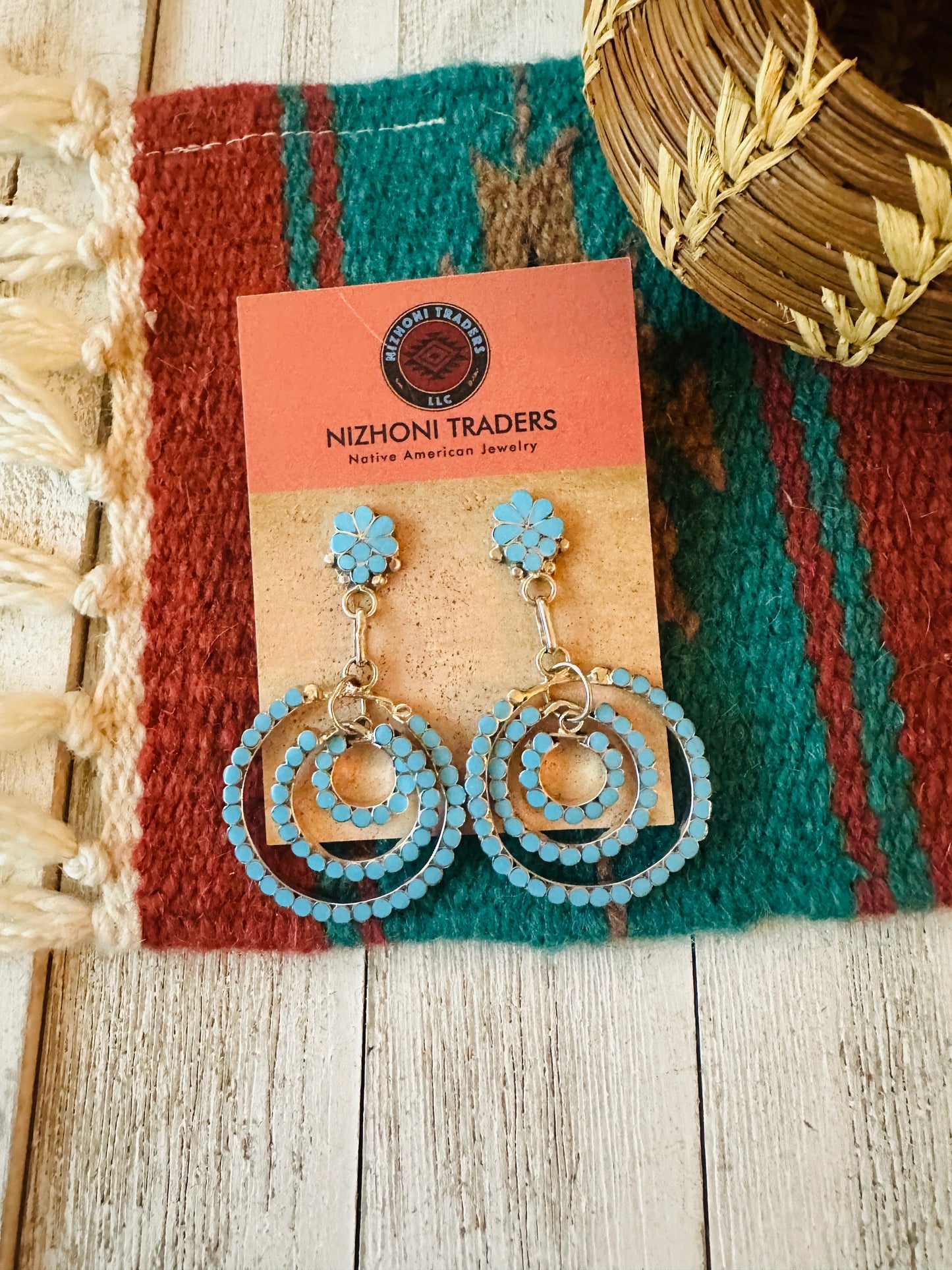 Zuni Sterling Silver & Turquoise Inlay Dangle Earrings