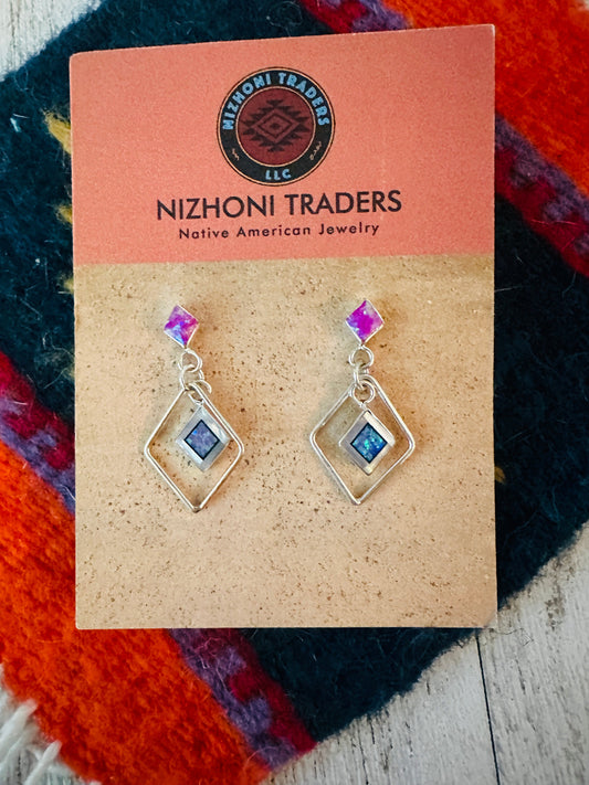 Zuni Sterling Silver & Purple Opal Diamond Dangle Earrings