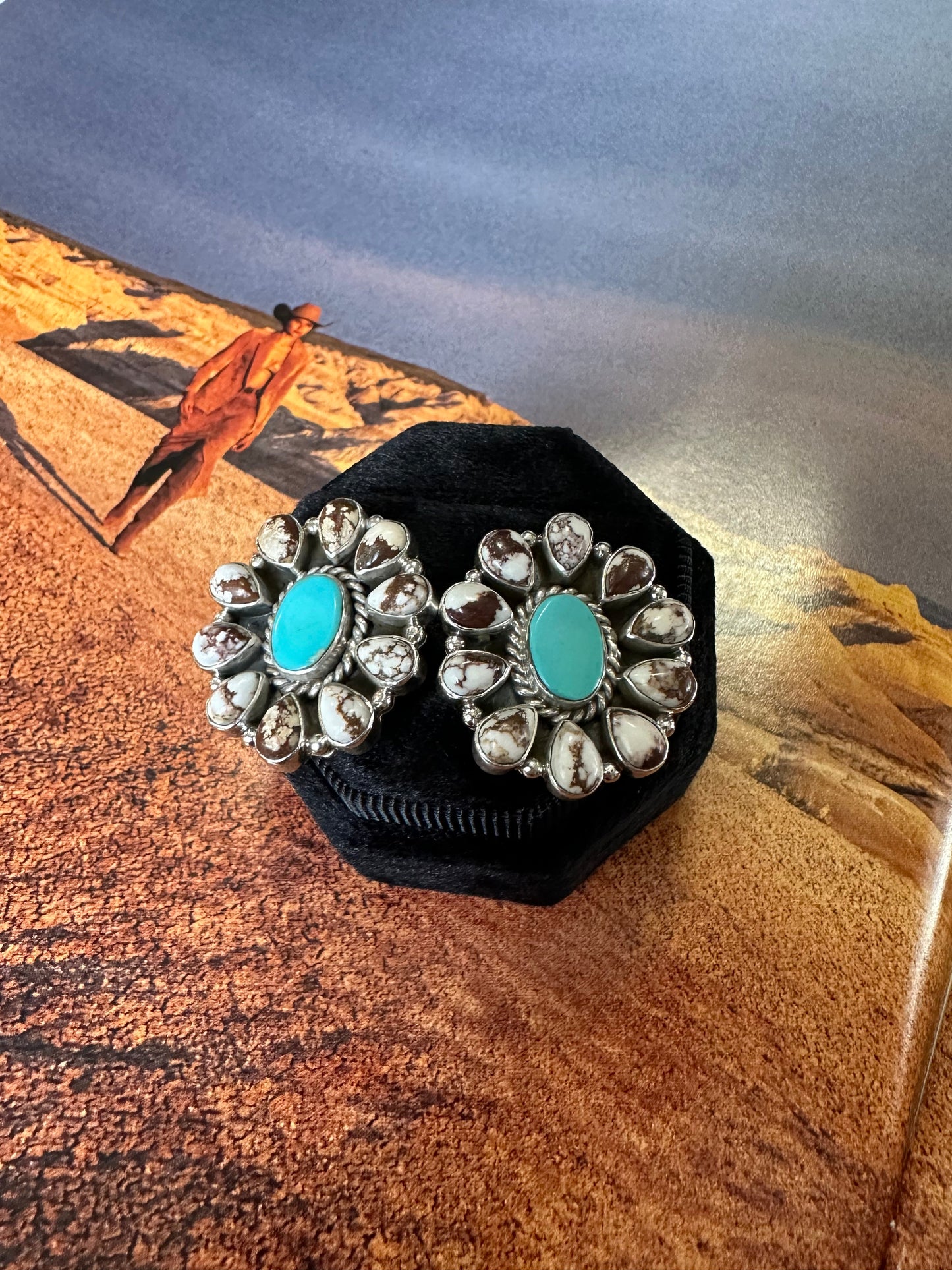 “Free Spirit” Nizhoni’s Wild Horse & Turquoise Sterling Silver Cluster Earrings