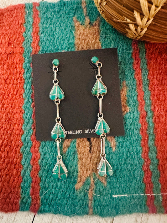 Zuni Sterling Silver & Turquoise Inlay Heart Dangle Earrings