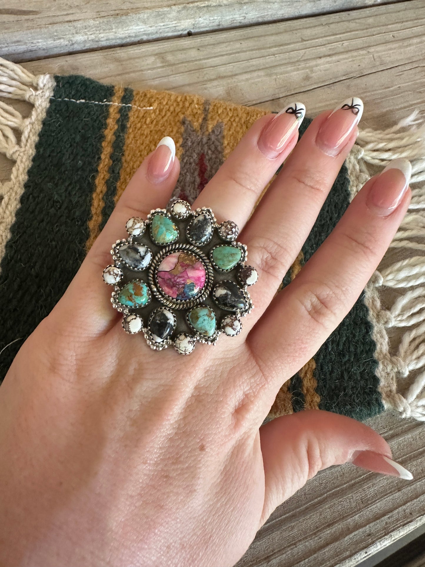 Beautiful Handmade Pink Dream Mojave, Turquoise, White Buffalo, Wild Horse And Sterling Silver Adjustable Ring