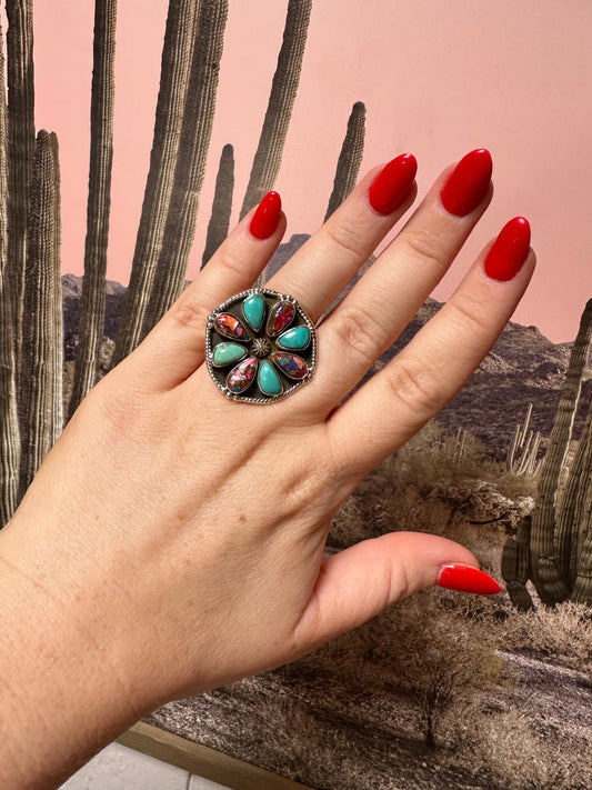 Beautiful Handmade Pink Dream Mojave, Turquoise And Sterling Silver Adjustable Circle Ring