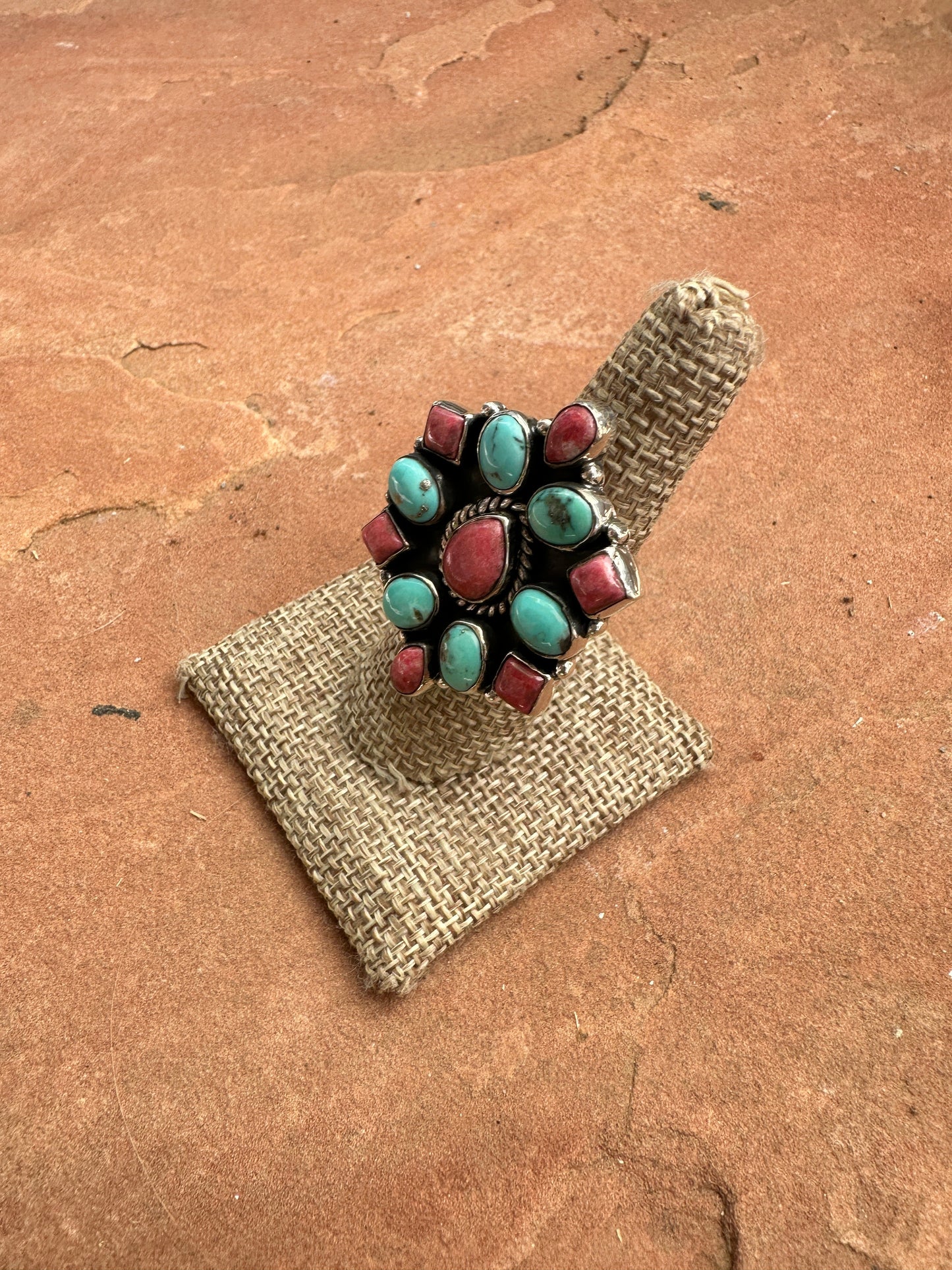 Beautiful Handmade Rhodonite, Turquoise And Sterling Silver Adjustable Ring