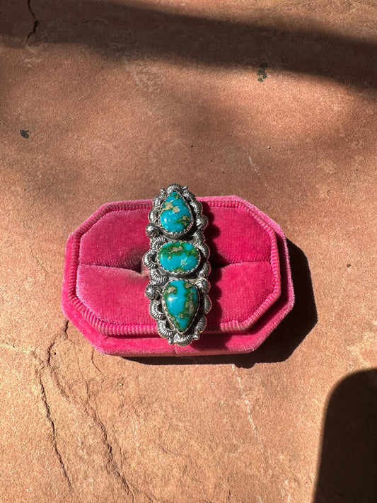 Beautiful Handmade Sonoran Turquoise And Sterling Silver Adjustable 3 Stone Ring