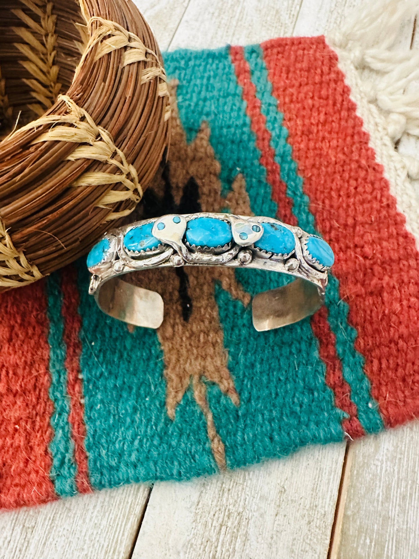 Zuni Sterling Silver & Turquoise Cuff Bracelet by Effie Calavaza