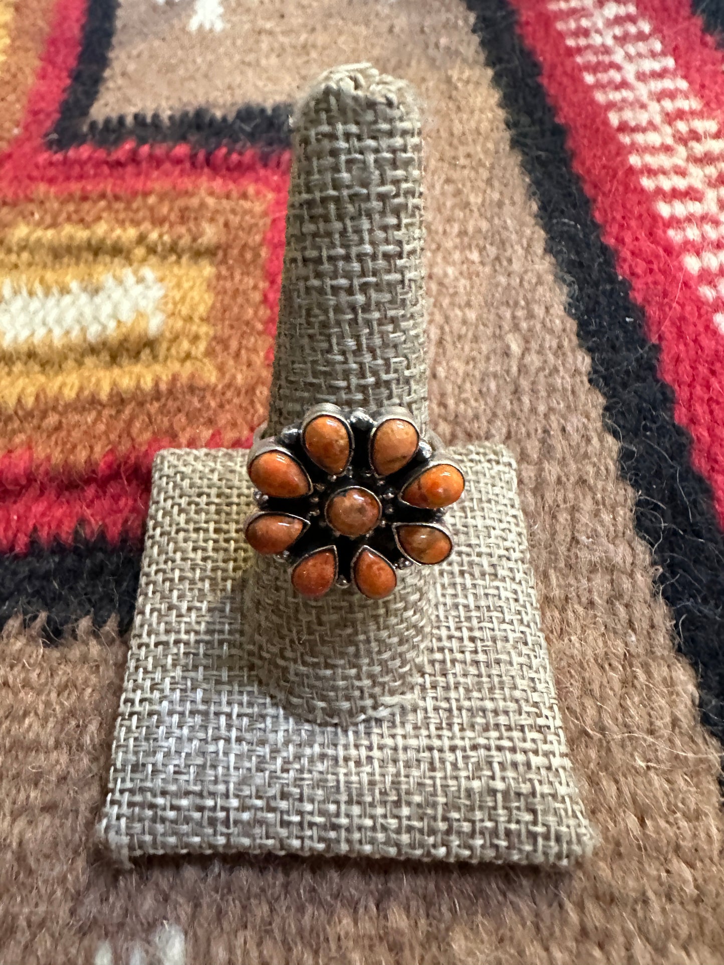 Beautiful Handmade Orange Mojave And Sterling Silver Adjustable Cluster Flower Ring