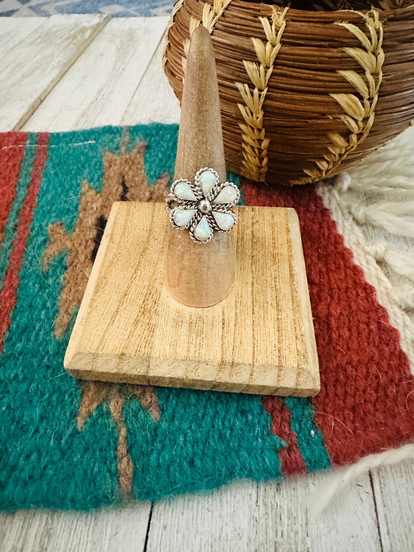 Zuni Sterling Silver & White Opal Flower Ring