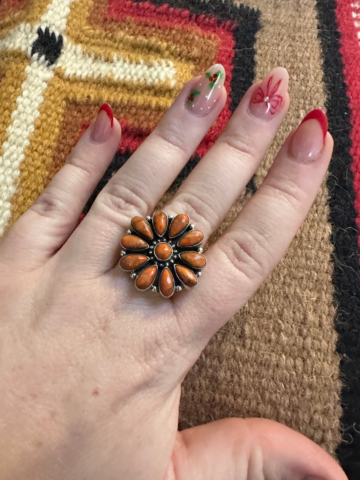 Beautiful Handmade Orange Mojave And Sterling Silver Adjustable Cluster Flower Ring