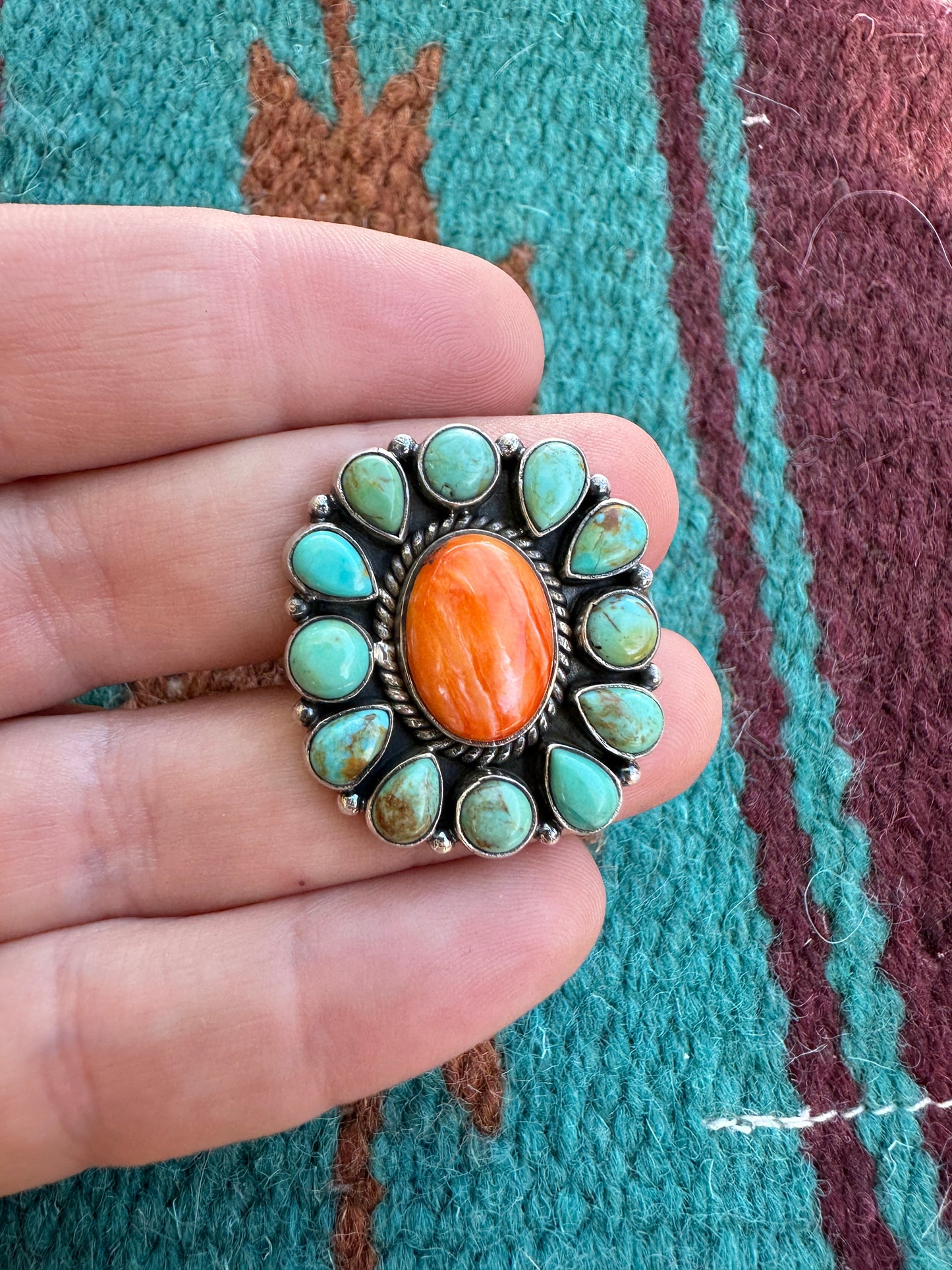 Beautiful Sterling Silver, Turquoise & Orange Spiny Adjustable Ring