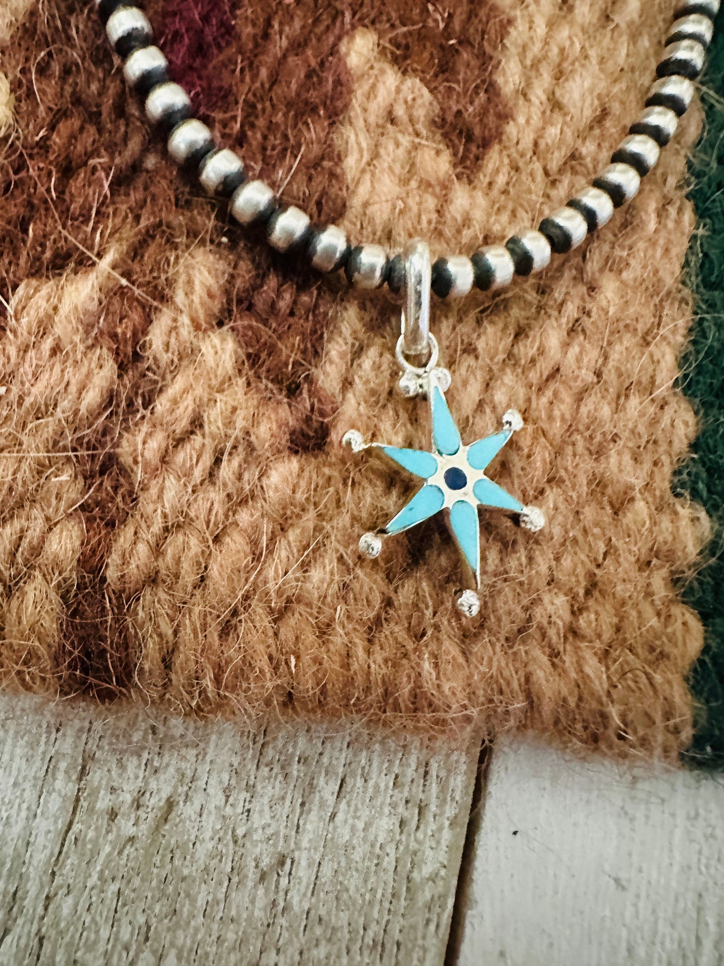 Zuni Sterling Silver, Turquoise & Lapis Mini Star Pendant Signed