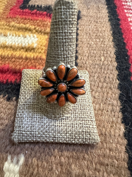 Beautiful Handmade Orange Mojave And Sterling Silver Adjustable Cluster Flower Ring