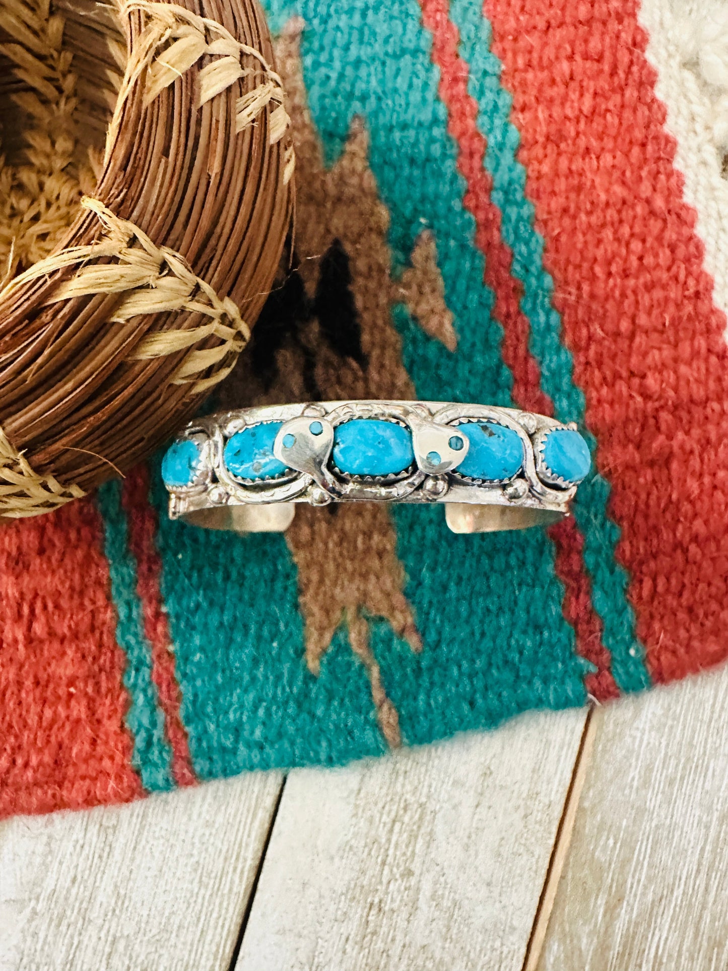 Zuni Sterling Silver & Turquoise Cuff Bracelet by Effie Calavaza