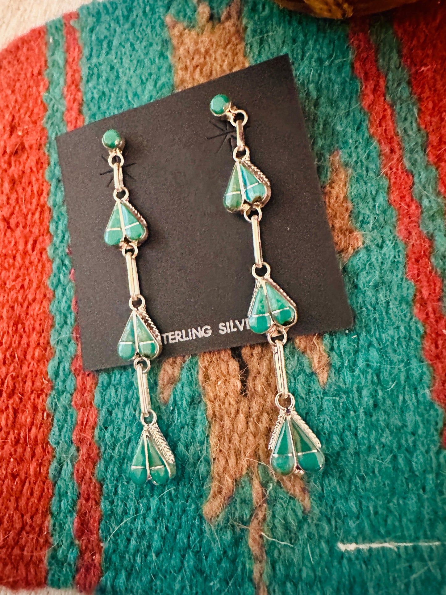 Zuni Sterling Silver & Turquoise Inlay Heart Dangle Earrings