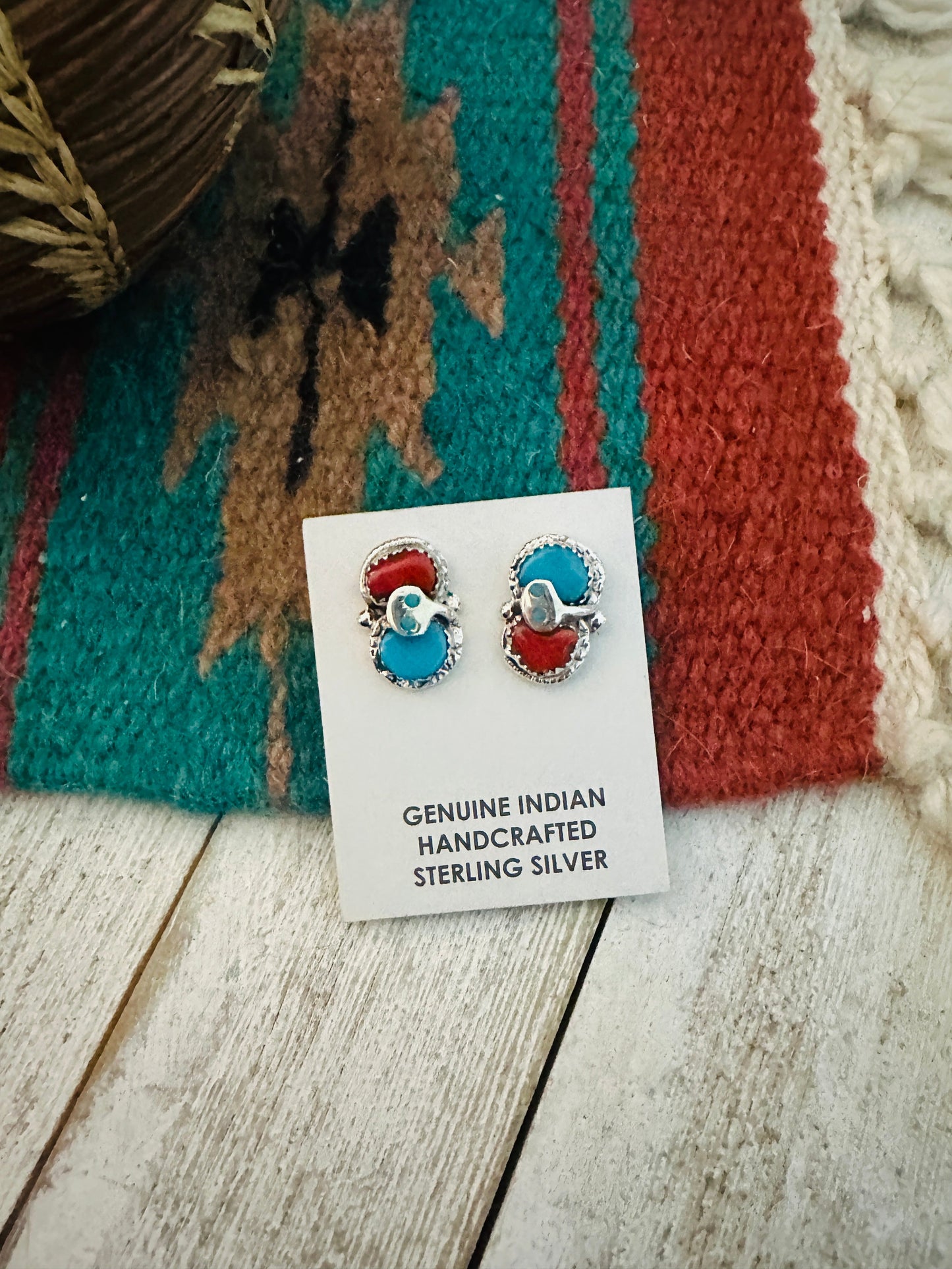 Zuni Sterling Silver, Turquoise & Coral Post Earrings by Effie Calavaza