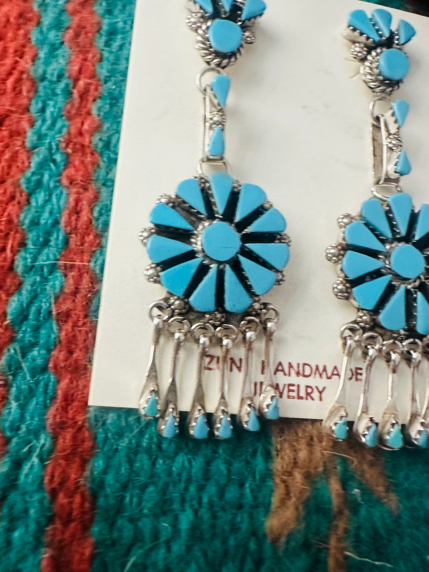 Zuni Sterling Silver & Turquoise Cluster Tassel Dangle Earrings