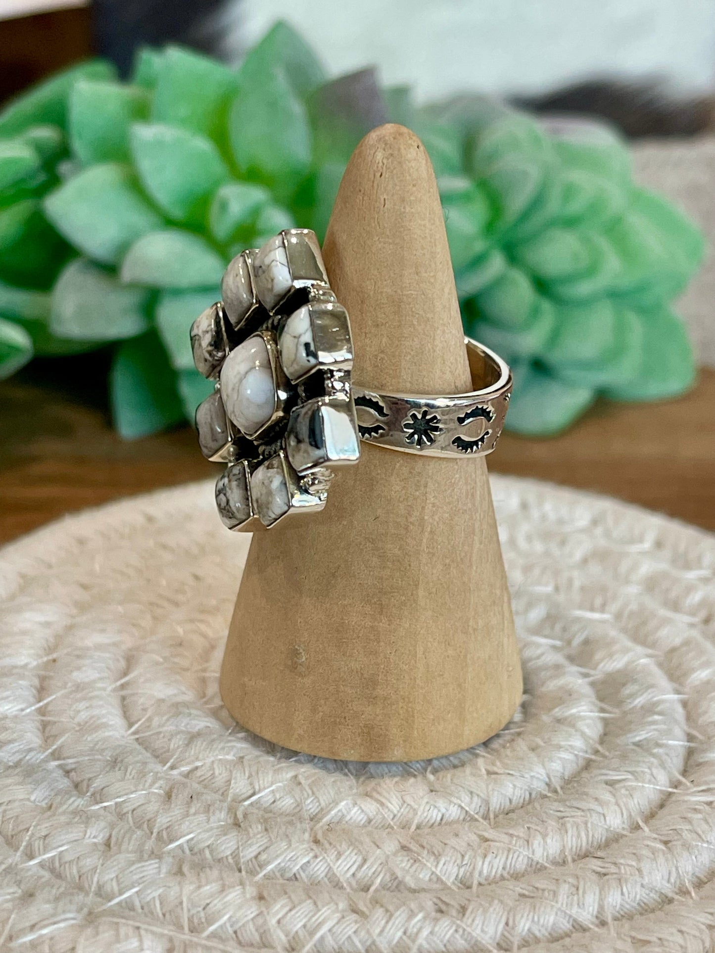 Beautiful Handmade White Buffalo And Sterling Silver Adjustable Cluster Ring