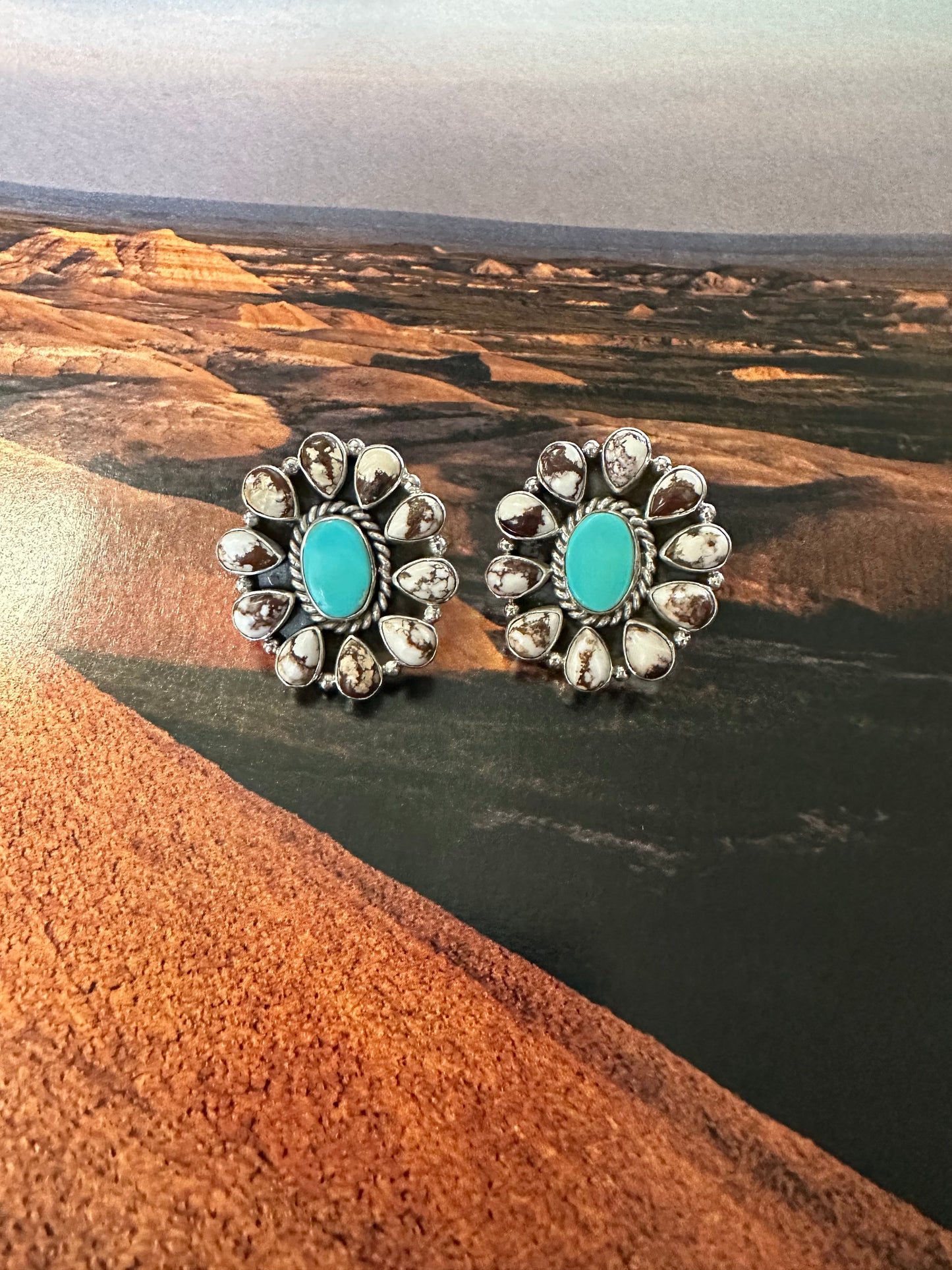 “Free Spirit” Nizhoni’s Wild Horse & Turquoise Sterling Silver Cluster Earrings