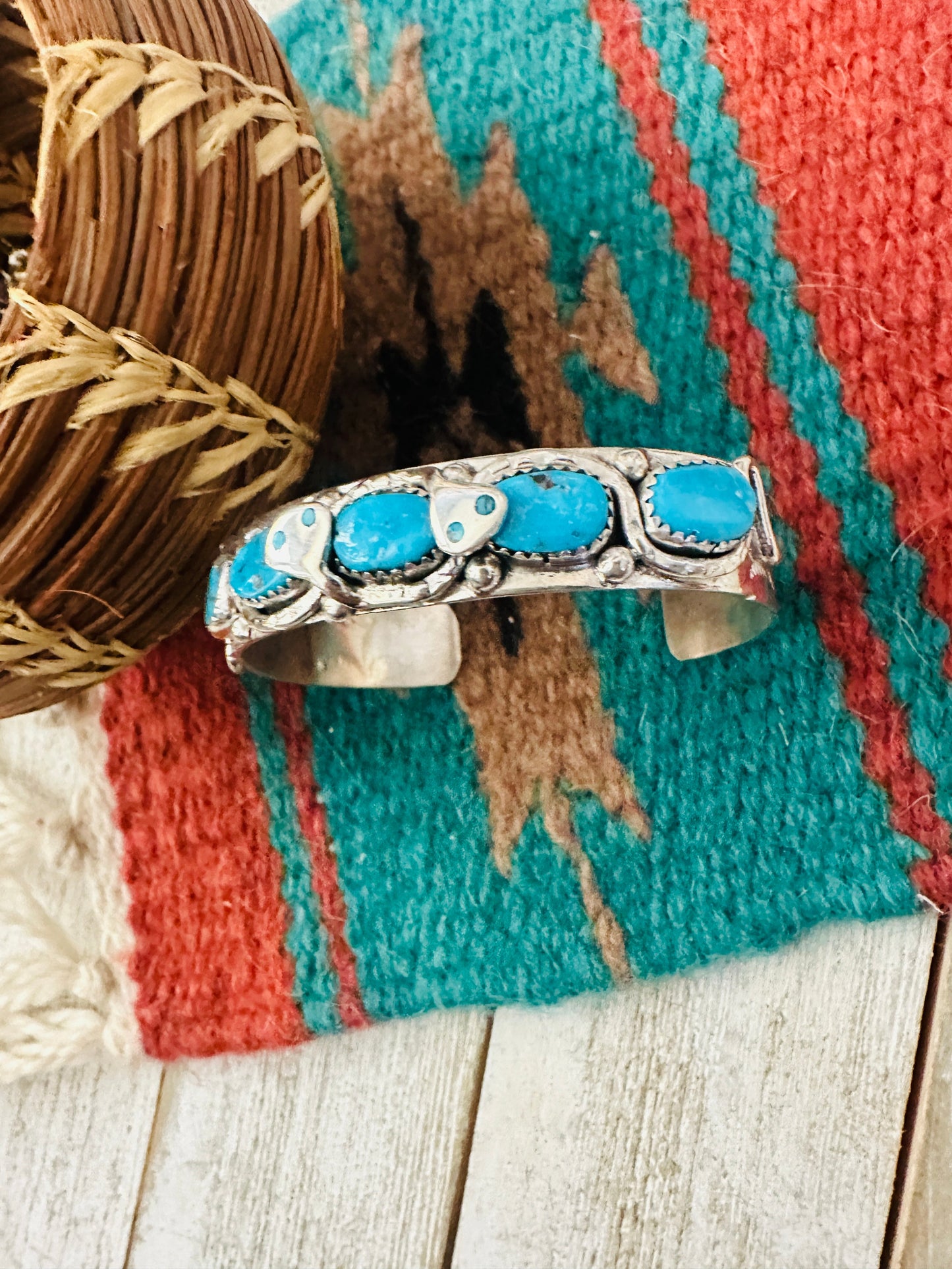 Zuni Sterling Silver & Turquoise Cuff Bracelet by Effie Calavaza