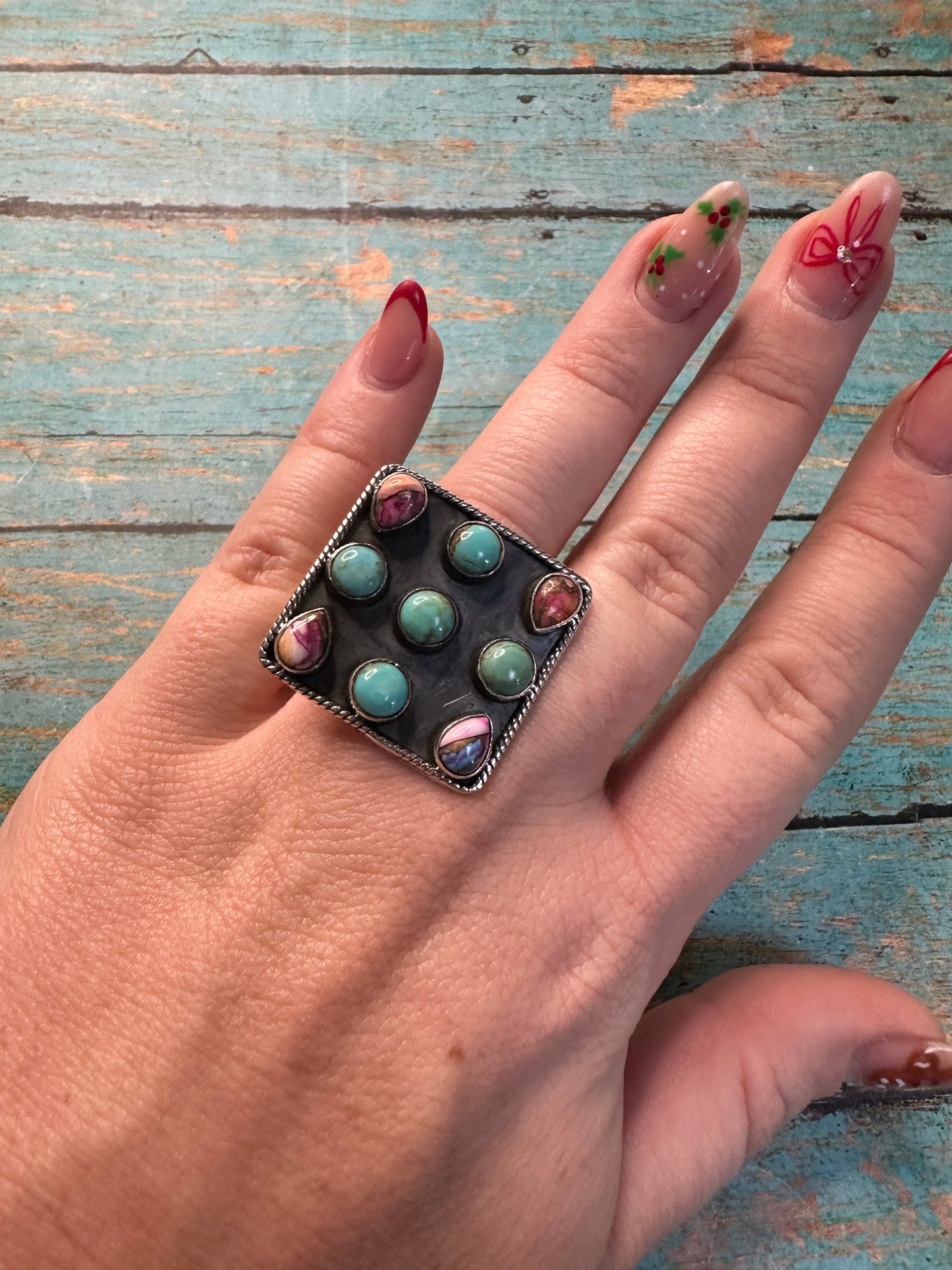 Beautiful Handmade Pink Dream Mojave, Turquoise And Sterling Silver Adjustable Ring