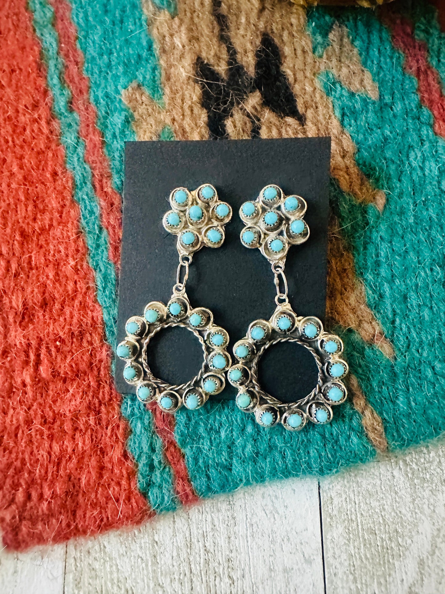 Zuni Sterling Silver & Turquoise Petit Point Dangle Earrings