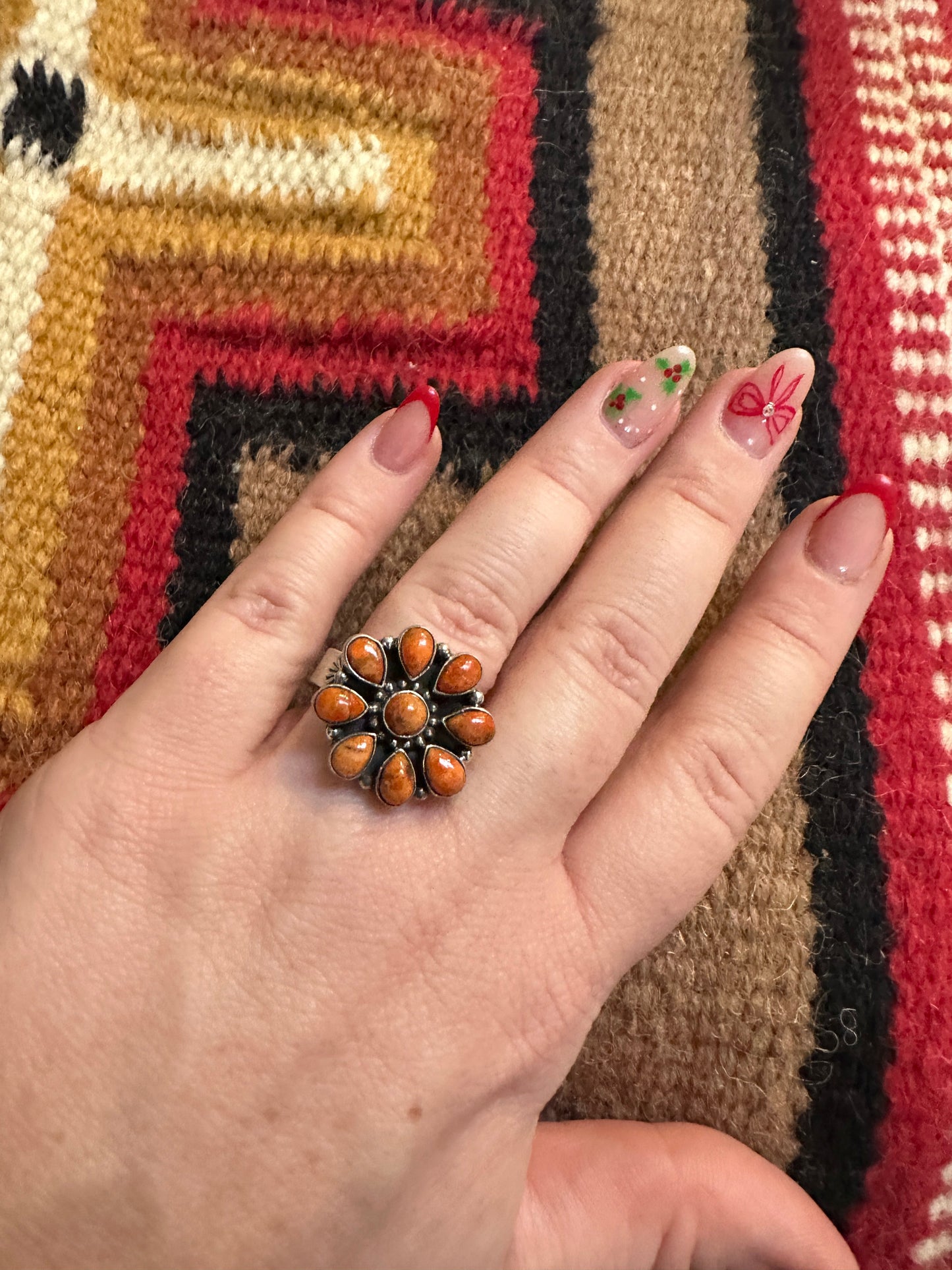 Beautiful Handmade Orange Mojave And Sterling Silver Adjustable Cluster Flower Ring