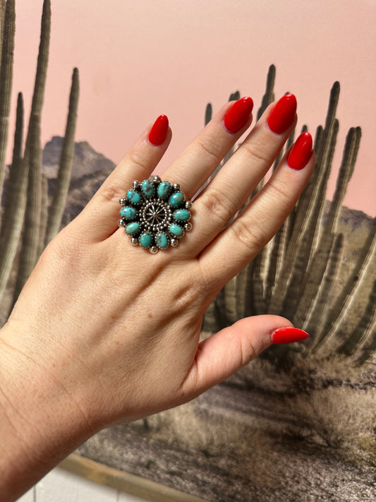 Beautiful Handmade Turquoise And Sterling Silver Adjustable Cluster Ring