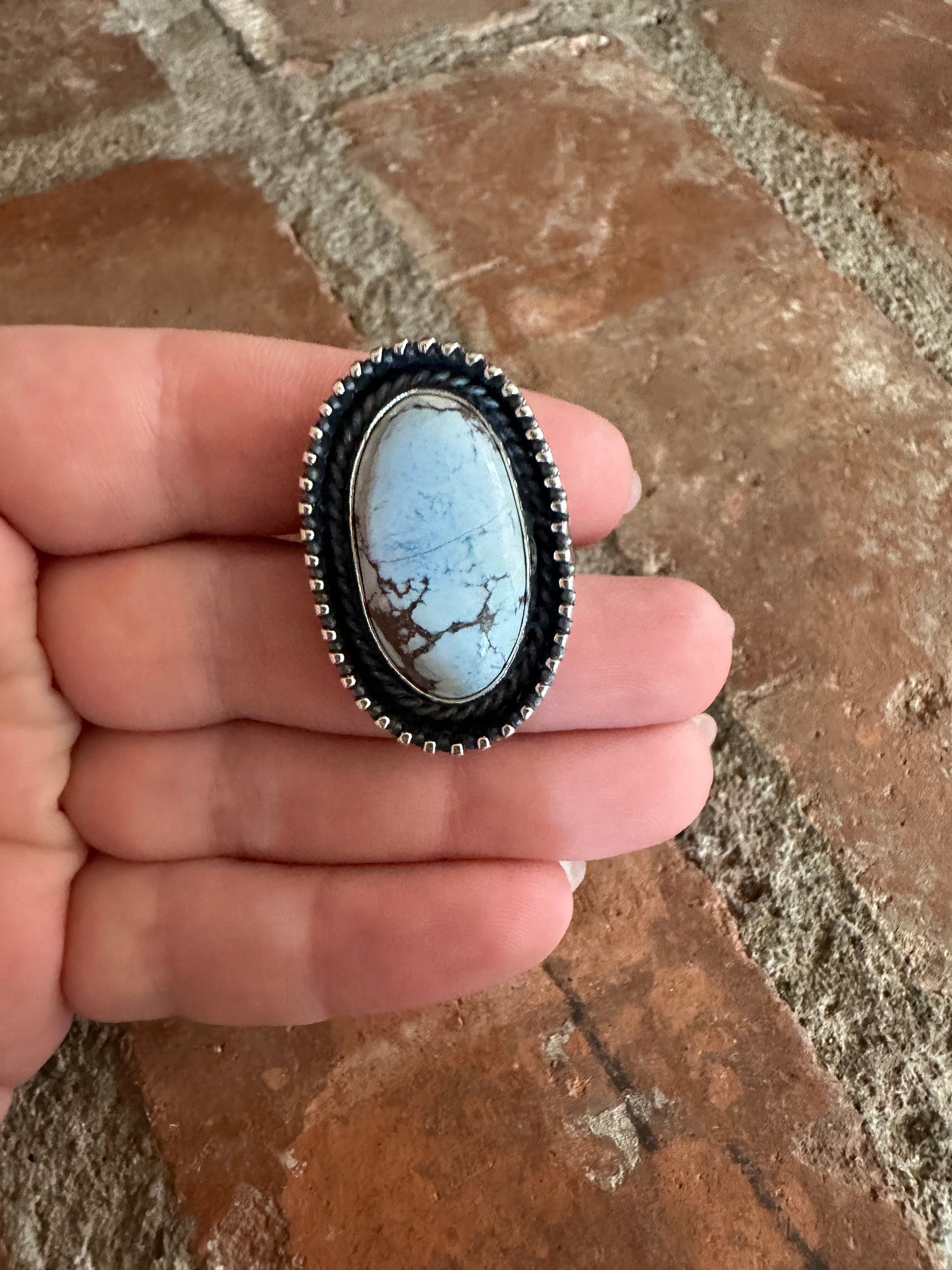 Beautiful Navajo Sterling Silver & Single Stone Golden Hills Turquoise Adjustable Ring Signed