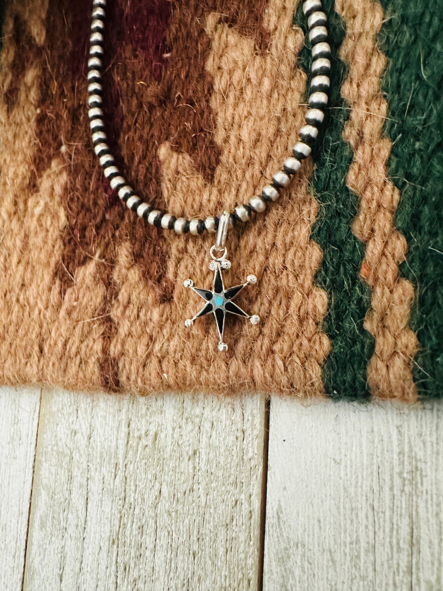 Zuni Sterling Silver, Onyx & Turquoise Mini Star Pendant Signed