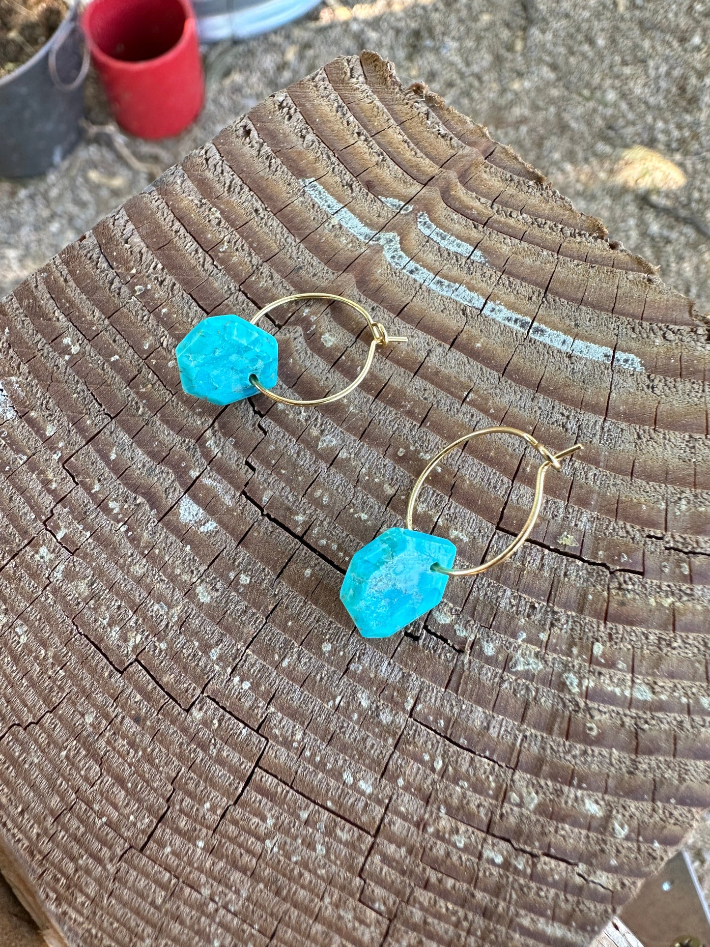 “The Golden Collection” GOLDEN HEXAGON Hoops Handmade Turquoise & 14k Gold Plated Mini Hoop Earrings